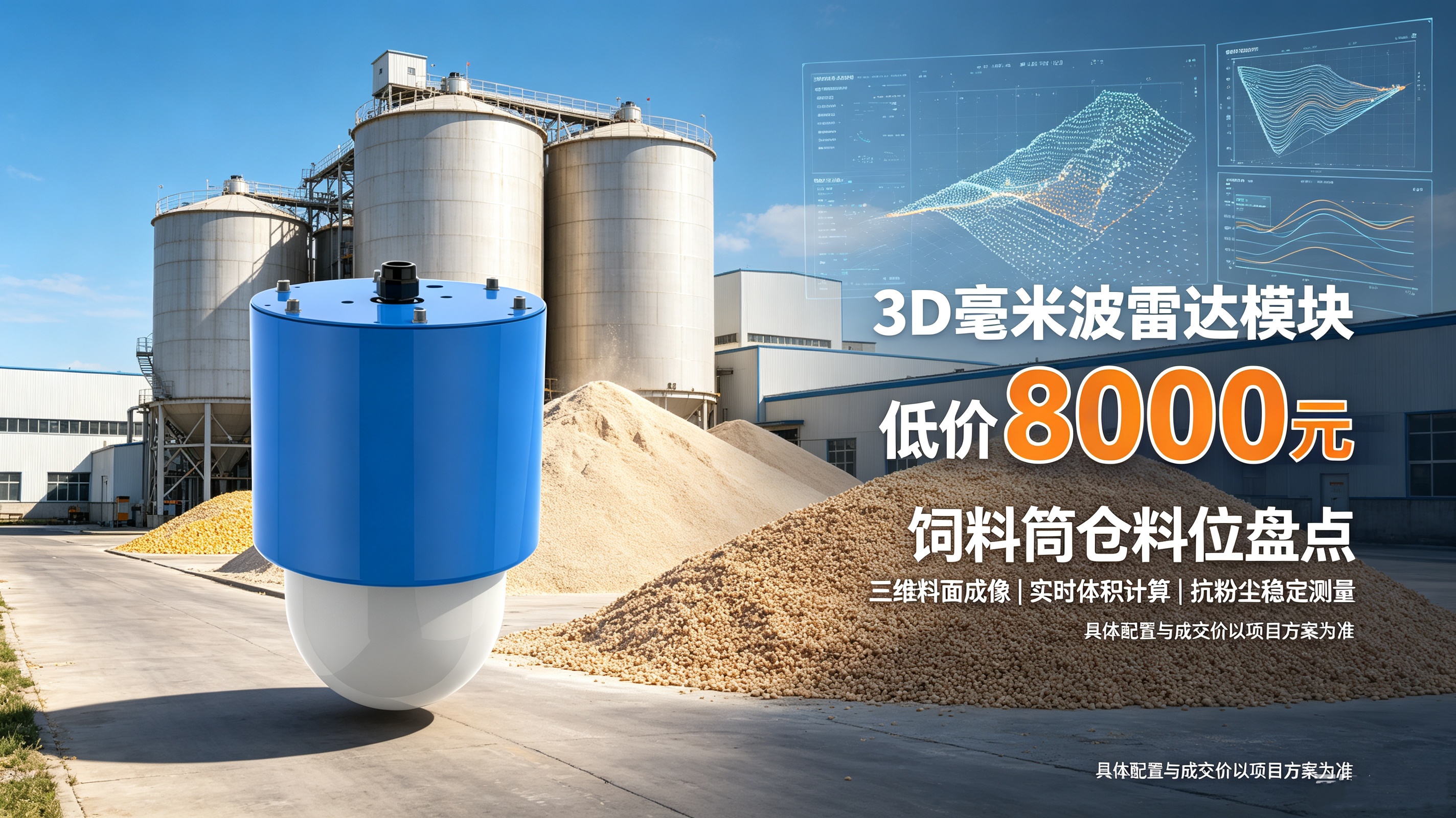 饲料厂筒仓料位盘点｜3D 毫米波扫描雷达模块，解决粉料结块、挂壁测量难题